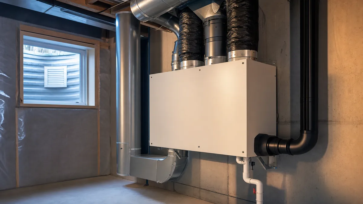 Energy recovery ventilator mounted on a basement wall with ductwork