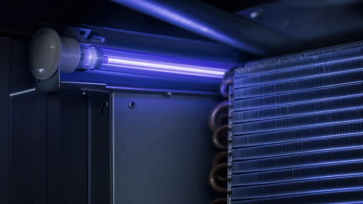 UV-C germicidal light glowing inside an air handler