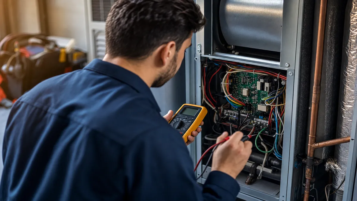HVAC technician diagnosing an air handler control board with a multimeter